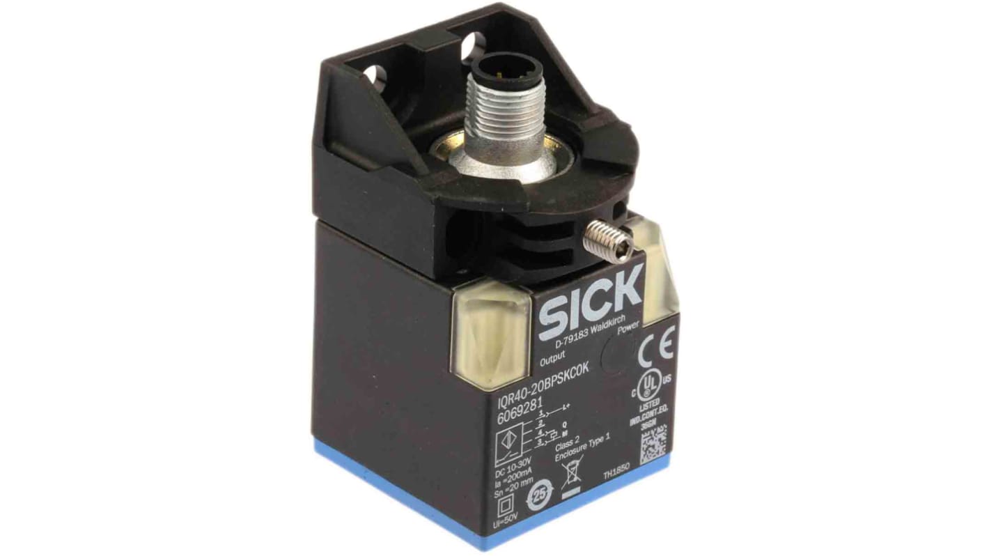 Sensore di prossimità Sick IQR40-20BPSKC0K, PNP, rilevamento 20 mm, corpo rettangolare, connettore M12, IP68, 65 mm.