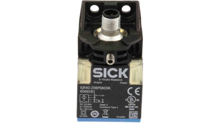 Sensore di prossimità Sick IQR40-20BPSKC0K, PNP, rilevamento 20 mm, corpo rettangolare, connettore M12, IP68, 65 mm.