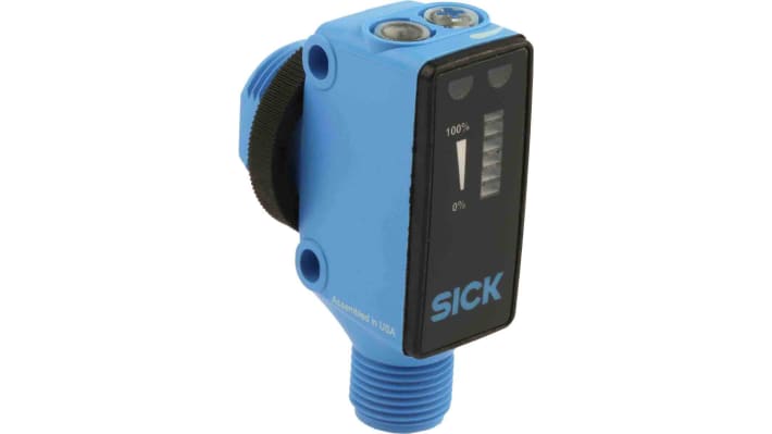 Sensore fotoelettrico Sick HTB18-P4A2BB con rilevamento fino a 300 mm, uscita PNP e connettore M12 a 4 pin.