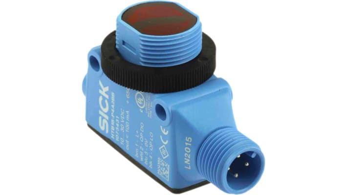 Sensore fotoelettrico Sick HTB18-P4A2BB con rilevamento fino a 300 mm, uscita PNP e connettore M12 a 4 pin.