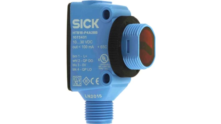 Sensore fotoelettrico Sick HTB18-P4A2BB con rilevamento fino a 300 mm, uscita PNP e connettore M12 a 4 pin.