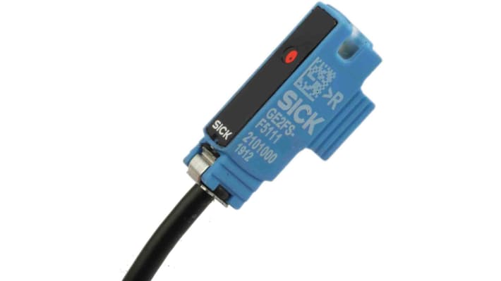 Sensore fotoelettrico rettangolare Sick GSE2FS-F5111, rilevamento 60 mm, uscita PNP, luce rossa 660 nm, connettore M8 a 3 pin.