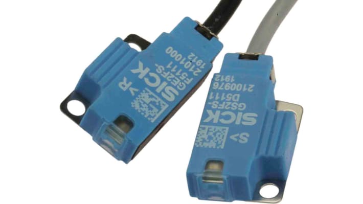 Sensore fotoelettrico rettangolare Sick GSE2FS-F5111, rilevamento 60 mm, uscita PNP, luce rossa 660 nm, connettore M8 a 3 pin.