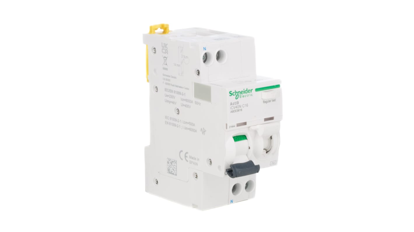 Interruttore di corrente residua Schneider Electric A9DE3616 16A 30mA DIN - Serie A9. Protezione avanzata contro sovraccarichi e scosse per sistemi a bassa tensione su guida DIN. Ideale per illuminazione commerciale, distribuzione residenziale e edifici per uffici.