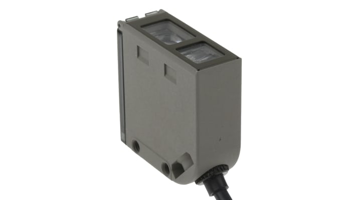 Omron E3S-CL1 2M, sensore rettangolare per rilevamento distanza 5-200 mm, uscita NPN, cavo 2 m, IP67, montaggio incluso.
