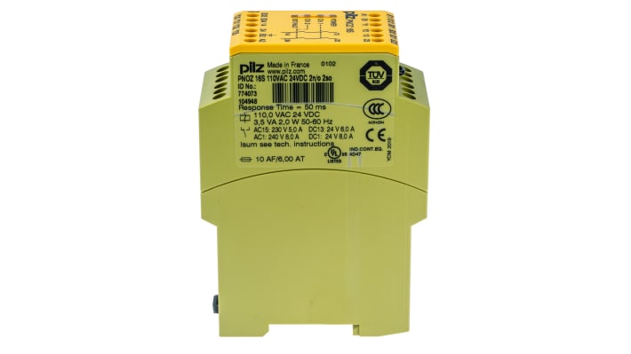 Relè di sicurezza Pilz PNOZ 16S, 24 V dc e 110 V ca, 2 canali, montaggio su guida DIN, larghezza 45 mm, indicazione LED.