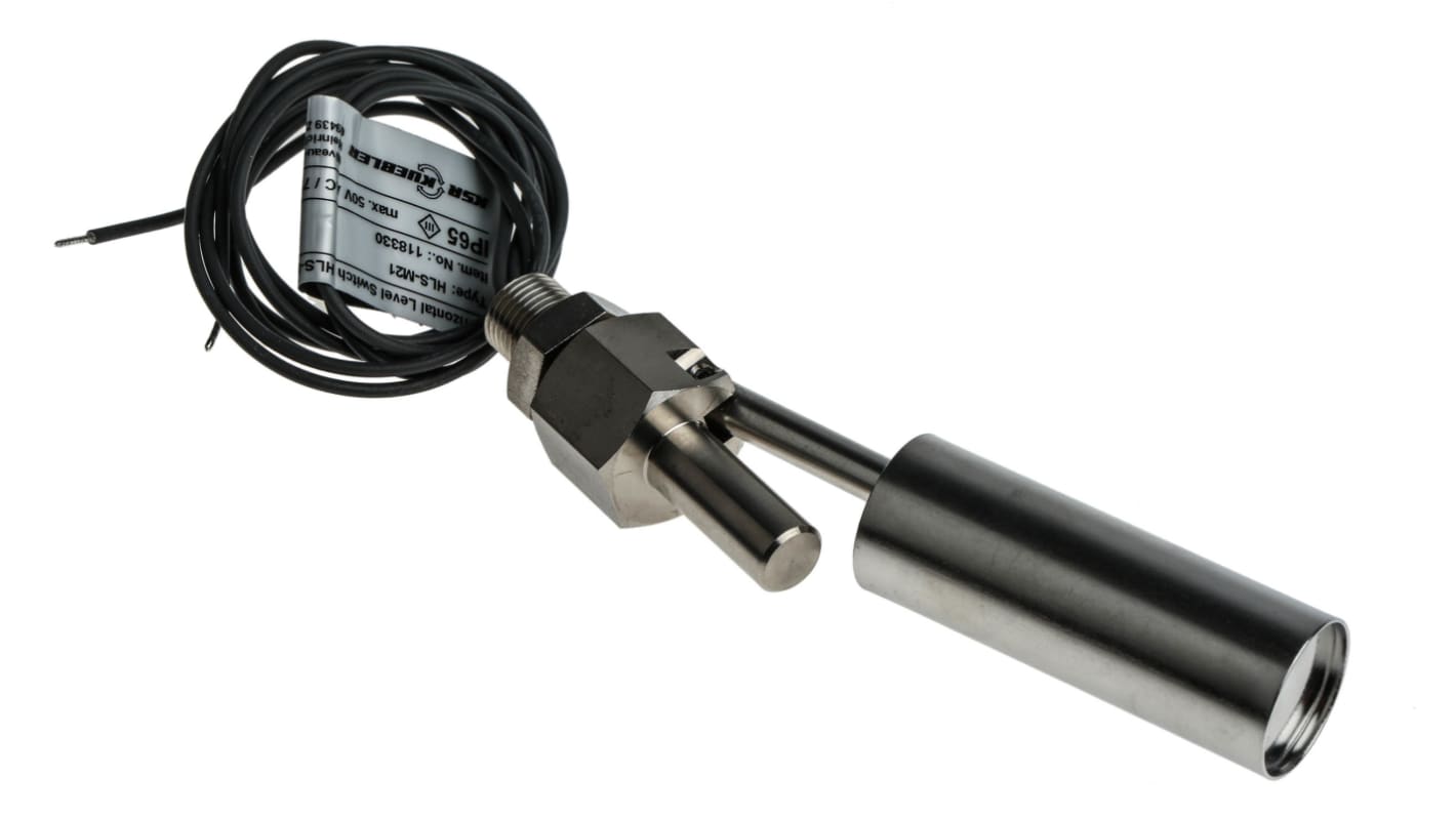 Interruttore a galleggiante WIKA 118330 in acciaio INOX, montaggio orizzontale, temperatura da -40 a +120 °C, lunghezza cavo 500 mm.