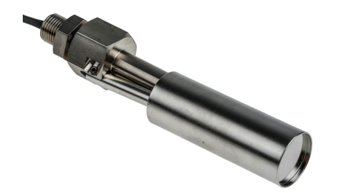 Interruttore a galleggiante WIKA 118330 in acciaio INOX, montaggio orizzontale, temperatura da -40 a +120 °C, lunghezza cavo 500 mm.