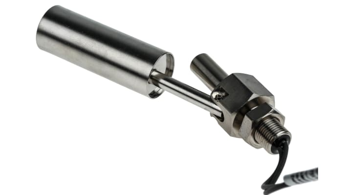 Interruttore a galleggiante WIKA 118330 in acciaio INOX, montaggio orizzontale, temperatura da -40 a +120 °C, lunghezza cavo 500 mm.