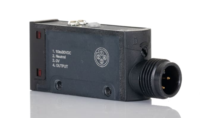 Sensore fotoelettrico rettangolare a retroriflessione Omron E3SAR16, rilevamento 100 mm-2 m, uscita NPN, IP67, connettore M12.