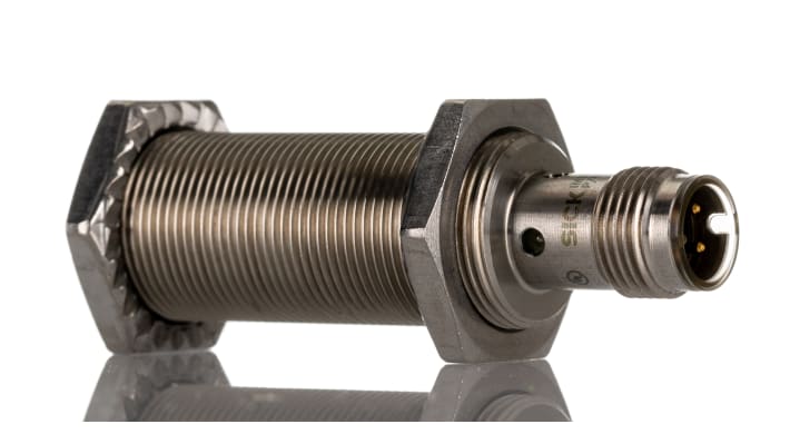 Sensore di prossimità cilindrico Sick IMB18-08BPSVC0S, PNP, 8 mm, IP68/IP69K, acciaio inox, connettore M12, -40/+100 °C.