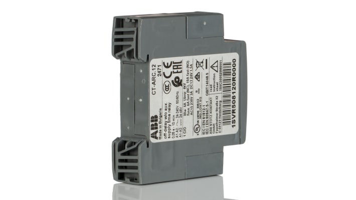 Relè timer ABB, SPDT, montaggio su guida DIN, gamma temporizzazione 0,05 s a 10 min, dimensioni 17,5 x 70 x 63 mm.