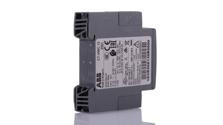 Relè timer ABB 1SVR508130R0000, SPDT, montaggio su guida DIN, intervallo 0,05 s - 100 h, dimensioni 70 x 17,5 x 63 mm.