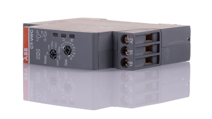 Relè timer ABB 1SVR508130R0000, SPDT, montaggio su guida DIN, intervallo 0,05 s - 100 h, dimensioni 70 x 17,5 x 63 mm.