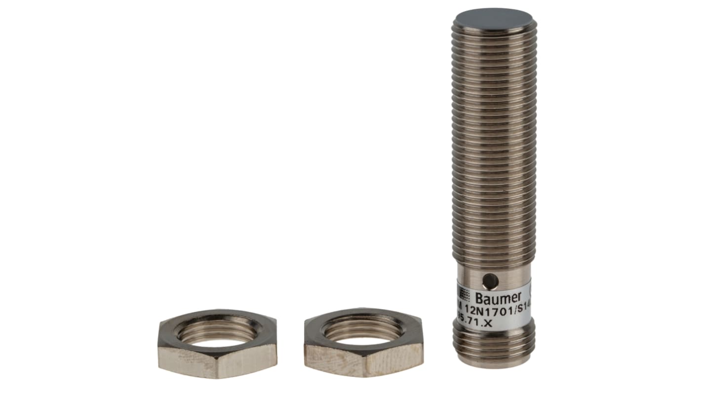 Sensore di prossimità cilindrico NPN Baumer IFRM 12N1701/S14L, montaggio a filo, distanza di rilevamento 4 mm, grado di protezione IP67.