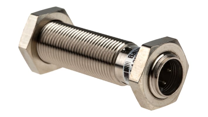 Sensore di prossimità cilindrico NPN Baumer IFRM 12N1701/S14L, montaggio a filo, distanza di rilevamento 4 mm, grado di protezione IP67.