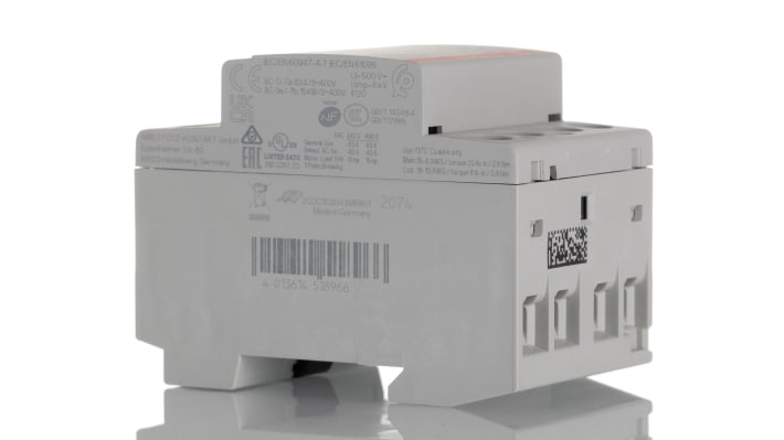 Contattore ABB 1SAE351111R0140, serie ESB, 2 poli, 63 A, 24 V, montaggio su guida DIN, dimensioni 54x65x85 mm.