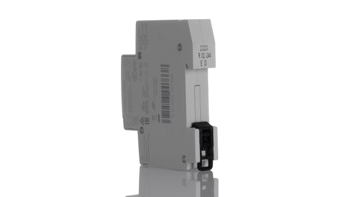 Contattore ABB 1SBE121111R0102, 2 poli, 20 A, 24 V, dimensioni 18x65x85 mm, per applicazioni modulari, protezione sovratensioni.
