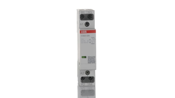 Contattore ABB 1SBE121111R0102, 2 poli, 20 A, 24 V, dimensioni 18x65x85 mm, per applicazioni modulari, protezione sovratensioni.