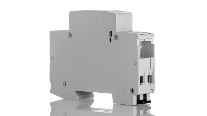 Contattore ABB 1SBE121111R0602, 2 poli, 20 A, tensione bobina 230 V c.a., dimensioni 65x18x85 mm, progettato per carichi singoli.