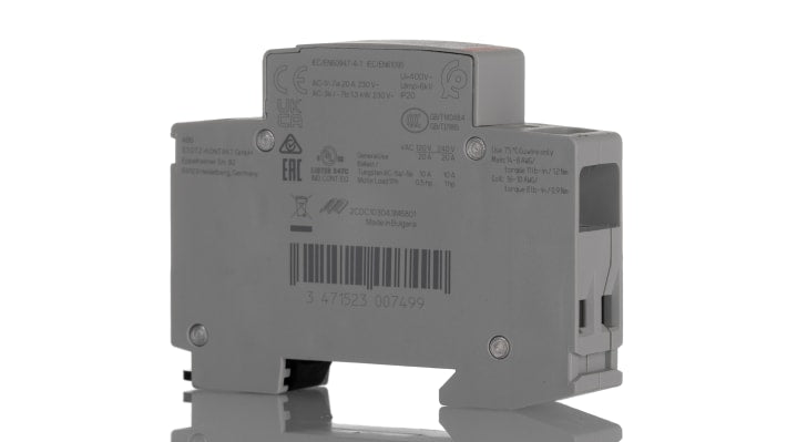 Contattore ABB 1SBE121111R0611, 2 poli, 20 A, 230 V c.a., montaggio su guida DIN, dimensioni 65x18x85 mm.