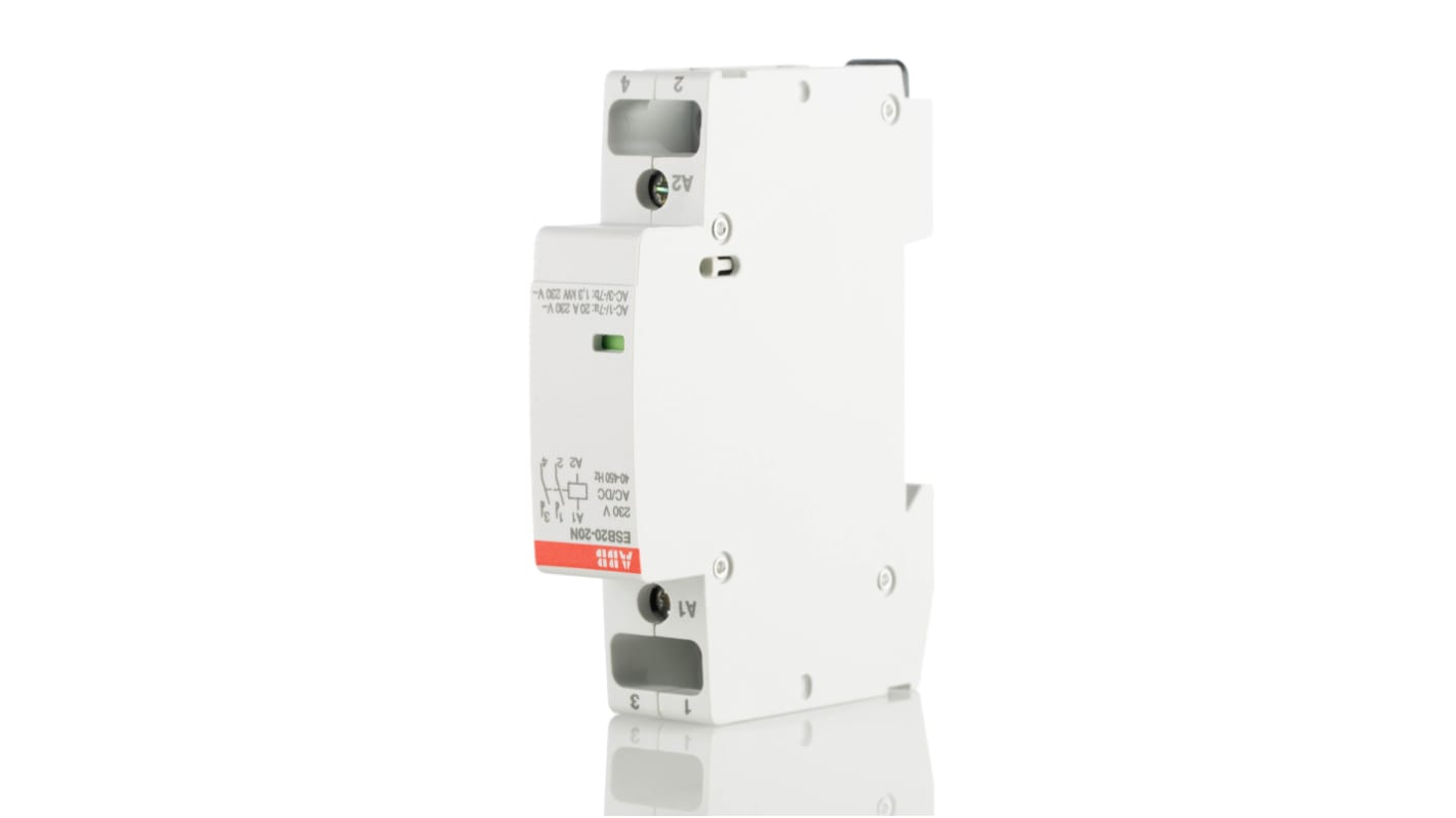 Contattore ABB 1SBE121111R0620, 2 poli, 20 A, 4,6 kW, montaggio su guida DIN, grado di protezione IP20.