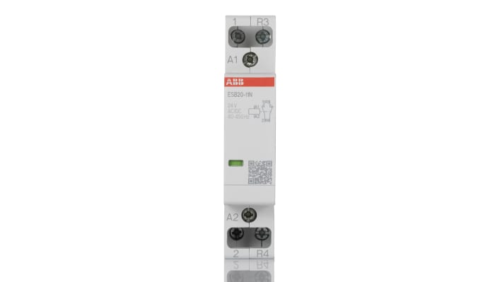 Contattore ABB 1SBE121111R0111, 2 poli, 20 A, 24 V, configurazione 1 NO + 1 NC, dimensioni 18x65x85 mm.