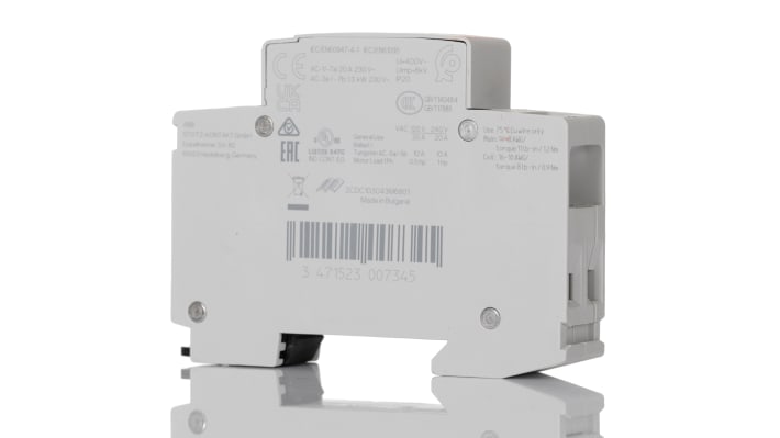 Contattore ABB 1SBE121111R0111, 2 poli, 20 A, 24 V, configurazione 1 NO + 1 NC, dimensioni 18x65x85 mm.