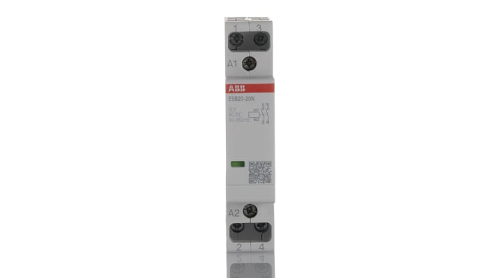 Contattore ABB 1SBE121111R1420, serie ESB, 2 poli, 20 A, bobina 12 V, dimensioni 18x65x85 mm, temperatura -25°C/+55°C.