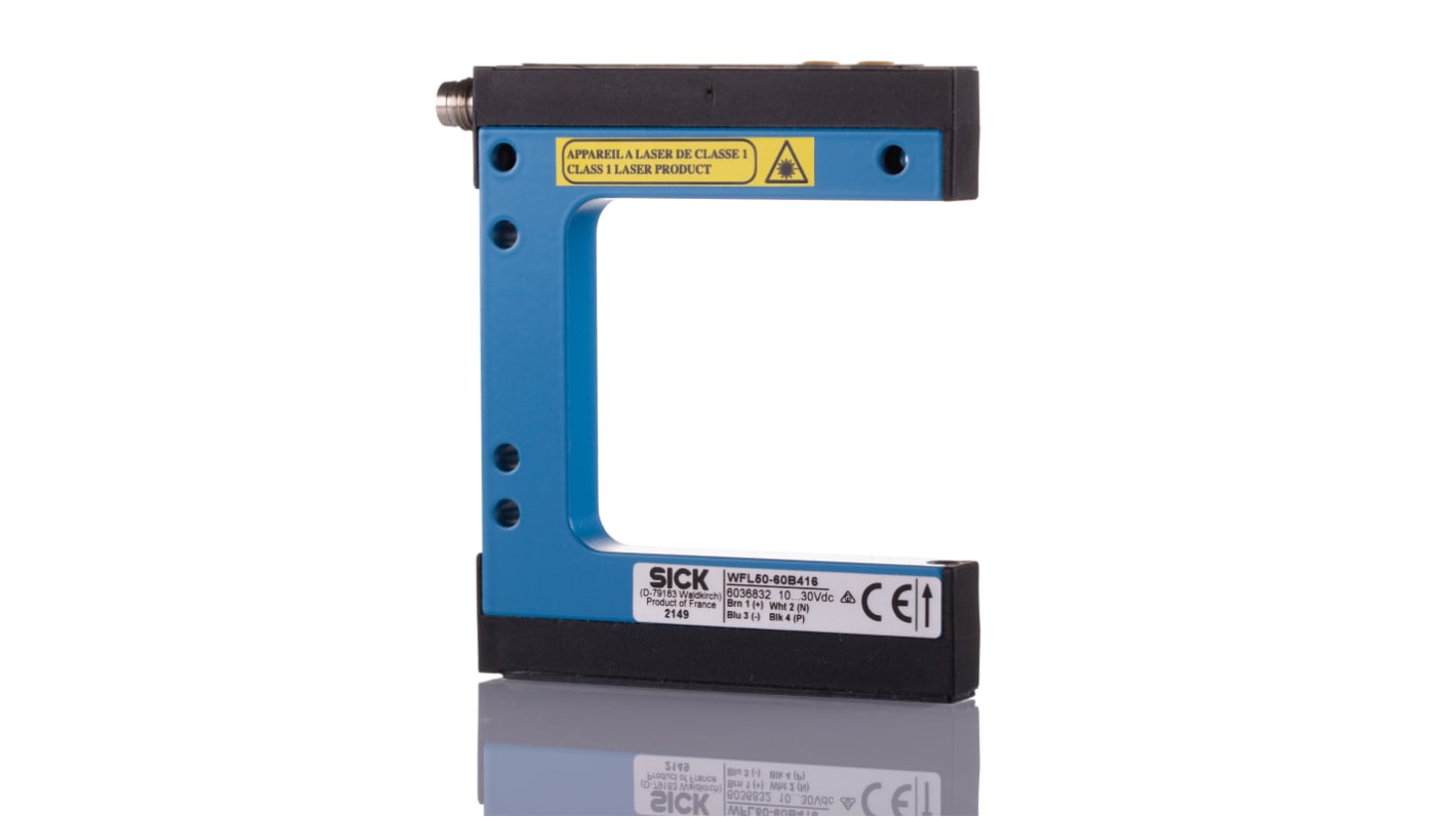 Sensore fotoelettrico Sick WFL50-60B416, rilevamento a forcella 50 mm, uscita luce/buio, custodia metallica, IP65.