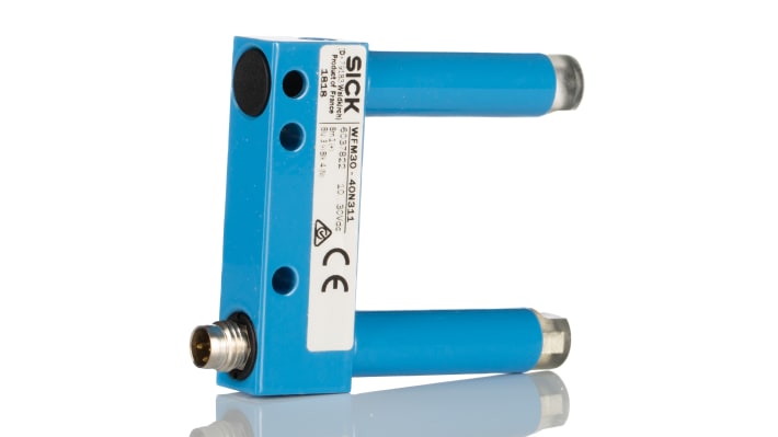 Sick WFM30-40N311, sensore fotoelettrico NPN a forcella, rilevamento 30 mm, custodia metallica, IP67, connettore M8.