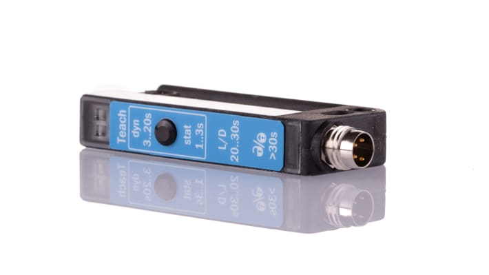 Sensore fotoelettrico Sick WFS3-40B41CA00, rilevamento 3 mm, uscita luce/buio, IP65, montaggio su erogatori di etichette.