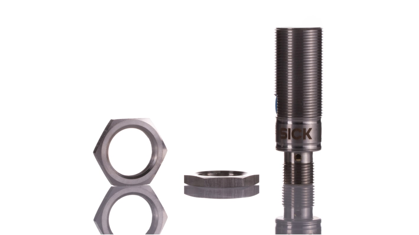 Sensore fotoelettrico cilindrico Sick GRTE18-N2412V, rilevamento 3-115 mm, uscita NPN, connettore M12, IP67/IP68/IP69K.