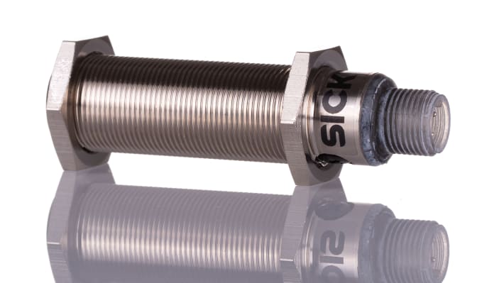 Sensore fotoelettrico cilindrico Sick GRTE18-N2442, rilevamento 5-550 mm, uscita NPN, IP67, connettore M12.