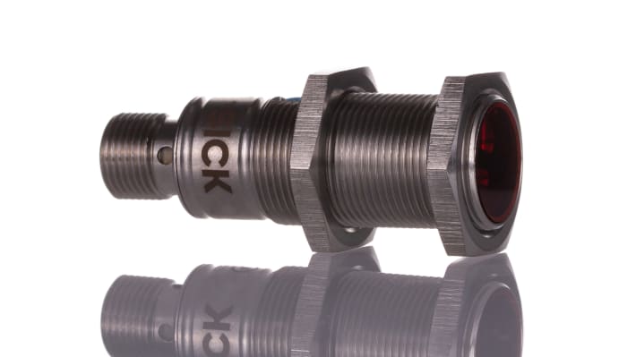 Sensore fotoelettrico cilindrico Sick GRTE18-P2442V, rilevamento 5-550 mm, uscita PNP, connettore M12, grado di protezione IP67/IP68/IP69K.