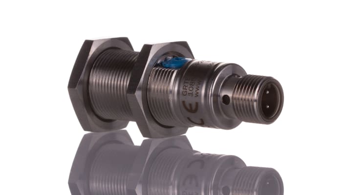 Sensore fotoelettrico cilindrico Sick GRTE18-P2442V, rilevamento 5-550 mm, uscita PNP, connettore M12, grado di protezione IP67/IP68/IP69K.