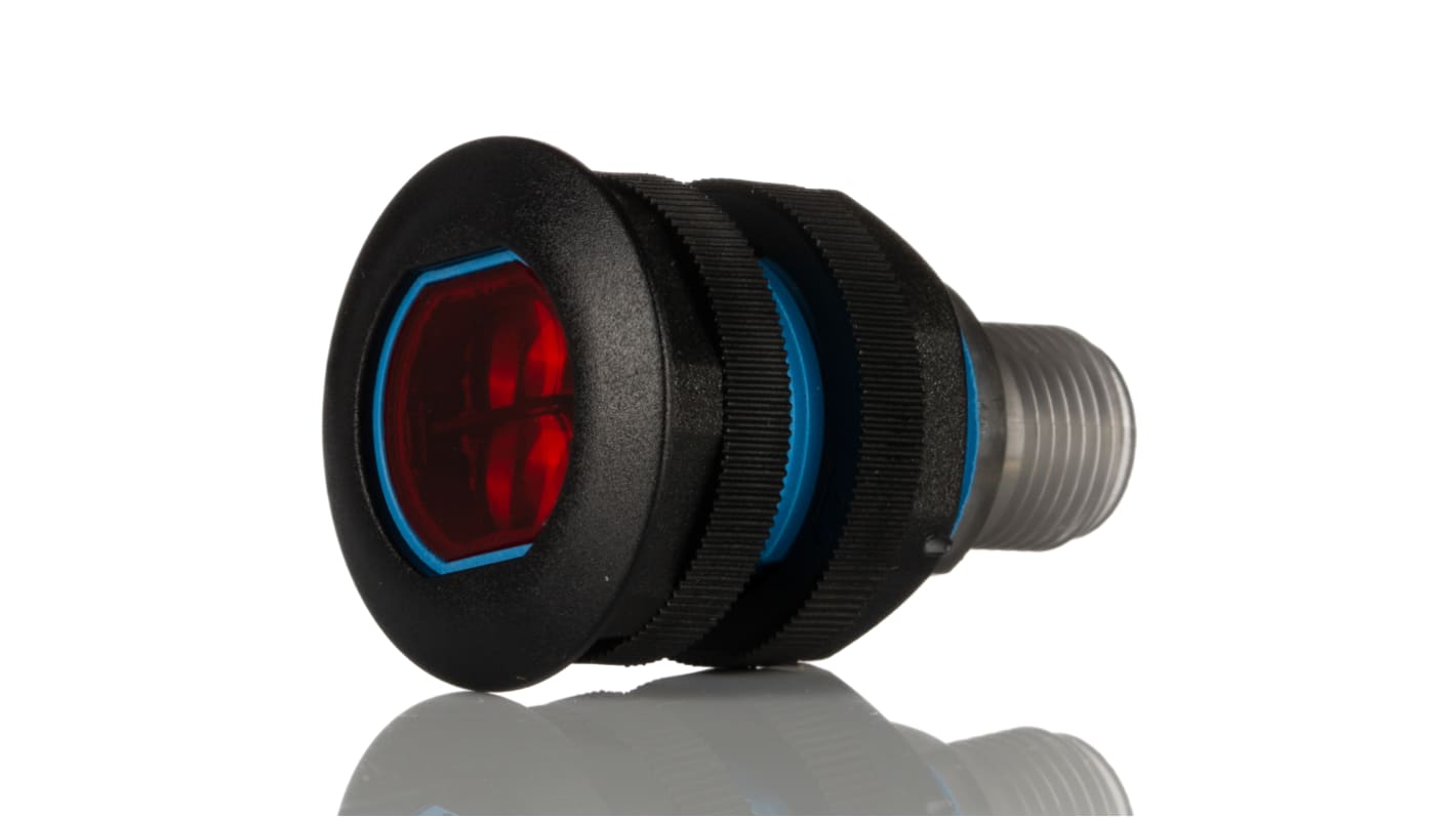 Sensore fotoelettrico cilindrico Sick GRTE18S-N2347, NPN, rilevamento 5-550 mm, IP67, connettore M12, temperatura -25°C/+55°C.