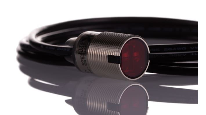 Sensore fotoelettrico cilindrico Sick GRTE18S-P1312, rilevamento 3-115 mm, uscita PNP, IP67, temperatura -25°C/+55°C.