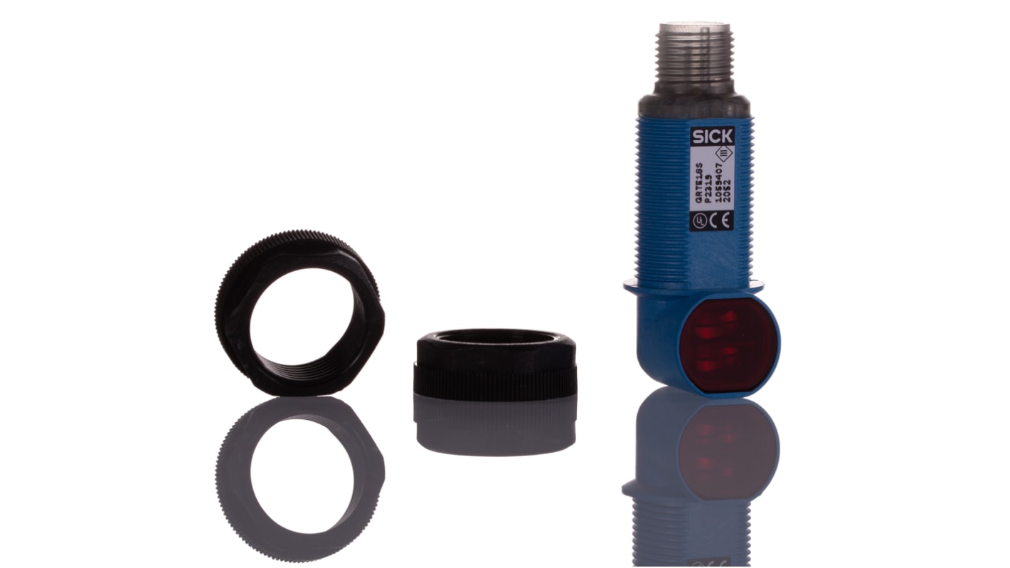 Sensore fotoelettrico cilindrico Sick GRTE18S-P2319, rilevamento 3-115 mm, uscita PNP, IP67, connettore M12.