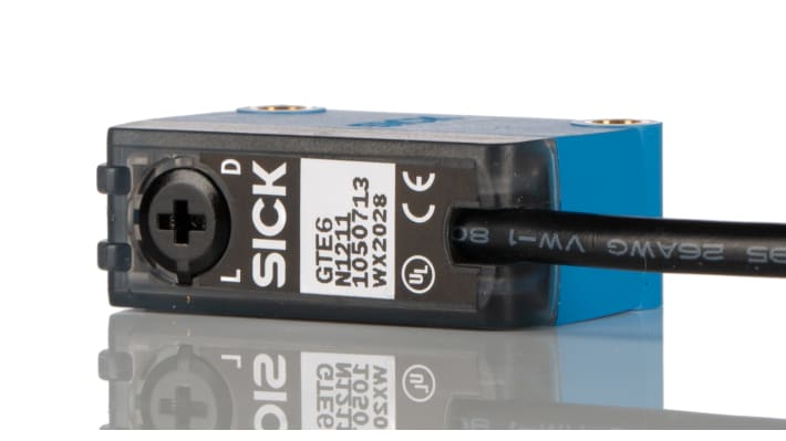 Sensore fotoelettrico rettangolare Sick GTE6-N1212, NPN, rilevamento 250-300 mm, IP67, temperatura -25/+55 °C, 3 fili.