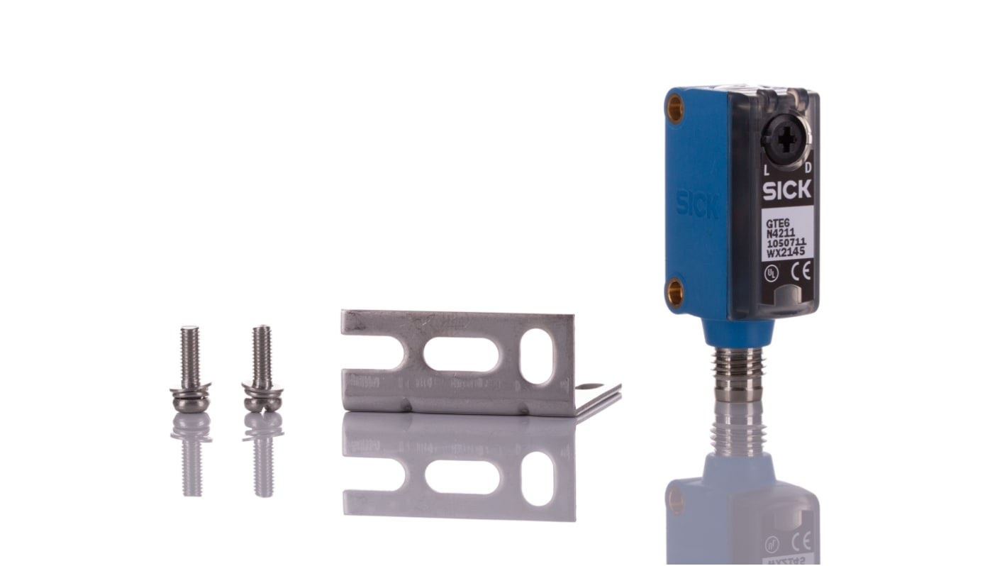 Sensore fotoelettrico rettangolare Sick GTE6-N4212, NPN, rilevamento 250-300 mm, IP67, montaggio semplice con connettore M8.
