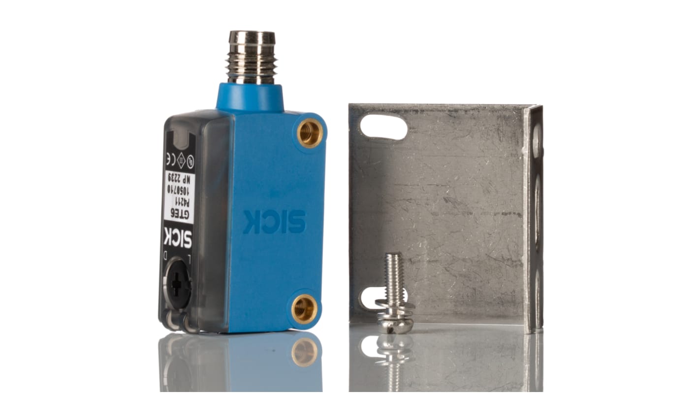 Sensore fotoelettrico rettangolare Sick GTE6-P4212, PNP, rilevamento 250-300 mm, IP67, temperatura -25°C/+55°C.