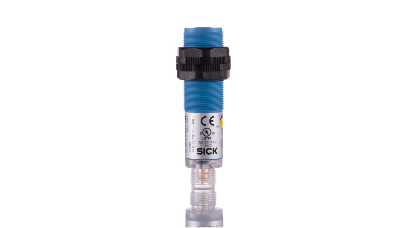 Sensore fotoelettrico cilindrico Sick VTE180-2F32447, rilevamento 1-500 mm, uscita PNP, IP67, connettore M12.