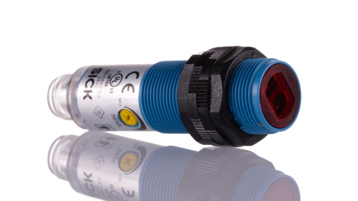 Sensore fotoelettrico cilindrico Sick VTE180-2F32447, rilevamento 1-500 mm, uscita PNP, IP67, connettore M12.