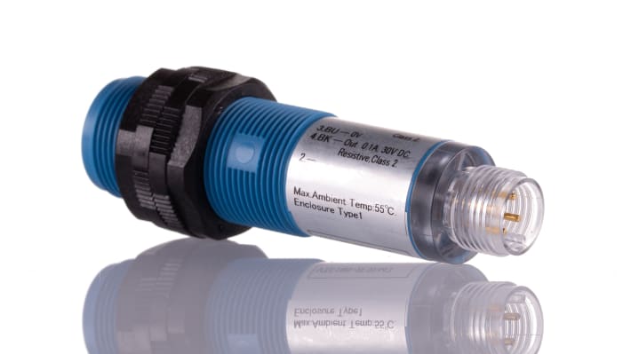 Sensore fotoelettrico cilindrico Sick VTE180-2F32447, rilevamento 1-500 mm, uscita PNP, IP67, connettore M12.