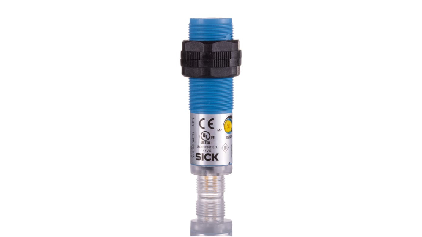 Sensore fotoelettrico cilindrico Sick VTE180-2F32487, PNP, rilevamento 1 mm a 1,1 m, connettore M12, IP67.