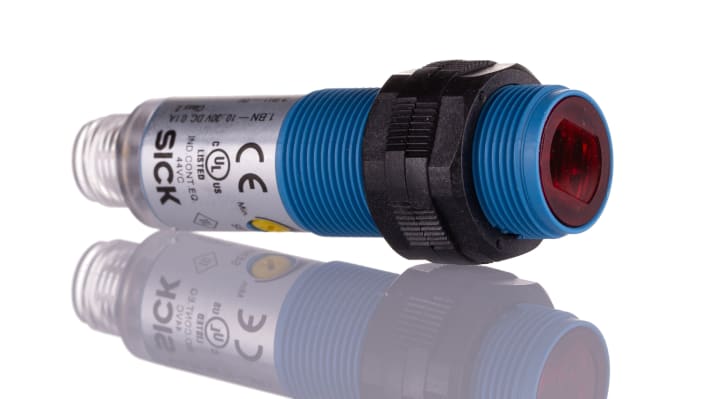 Sensore fotoelettrico cilindrico Sick VTE180-2F32487, PNP, rilevamento 1 mm a 1,1 m, connettore M12, IP67.