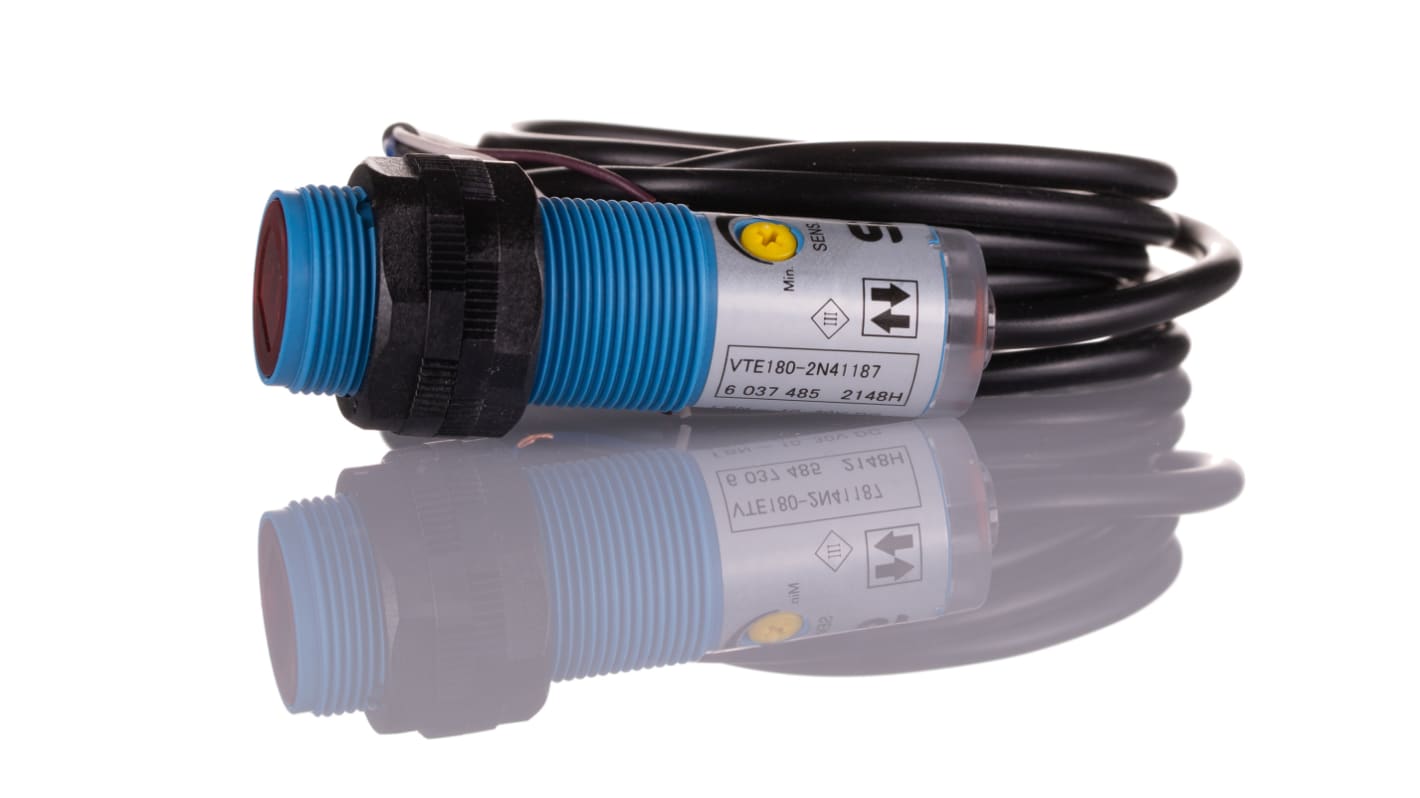 Sensore fotoelettrico cilindrico Sick VTE180-2N41187, NPN, IP67, rilevamento 1 mm a 1,1 m, temperatura -25/+55 °C.
