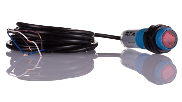 Sensore fotoelettrico cilindrico Sick VTE180-2N41187, NPN, IP67, rilevamento 1 mm a 1,1 m, temperatura -25/+55 °C.