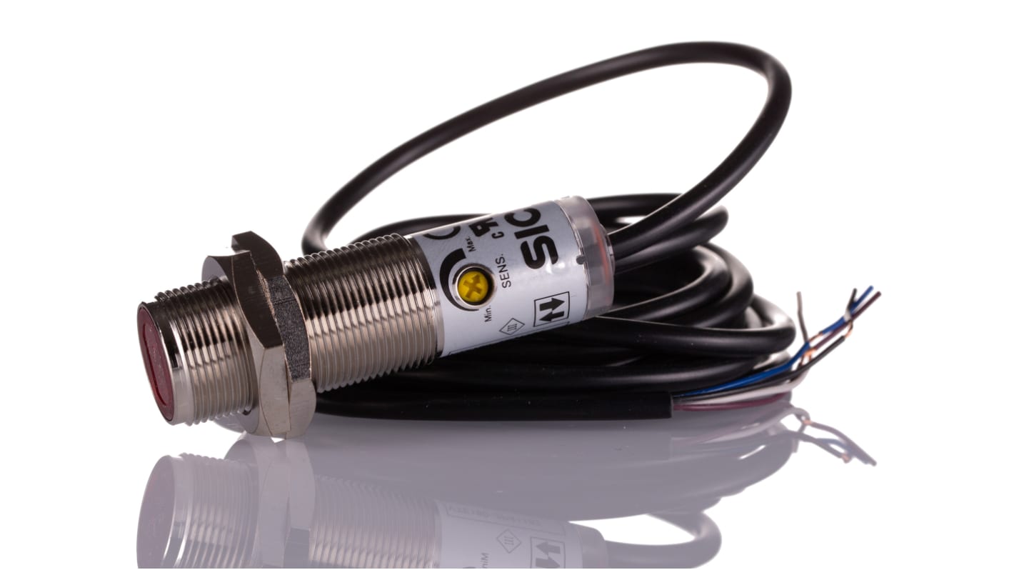 Sensore fotoelettrico cilindrico Sick VTE180-2P41182, PNP, rilevamento 1 mm a 1,1 m, IP67, custodia in metallo.